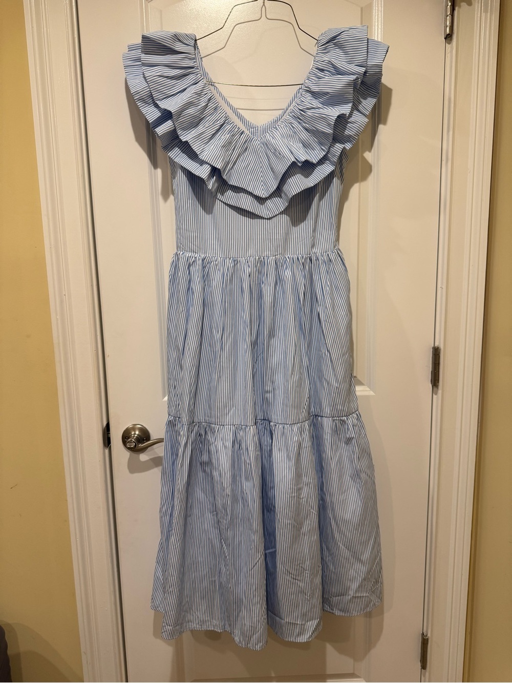 English Factory Light Blue Striped Ruffle Tiered Dress